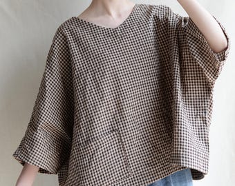 Soft Cotton Linen Plaid Batwing Top, Puff Sleeves, Boho Relaxed Fit