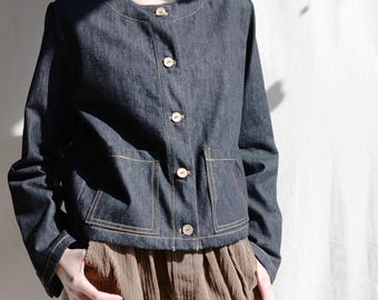 Handmade Black Denim Jacket: Cotton Vintage Coat with Pockets