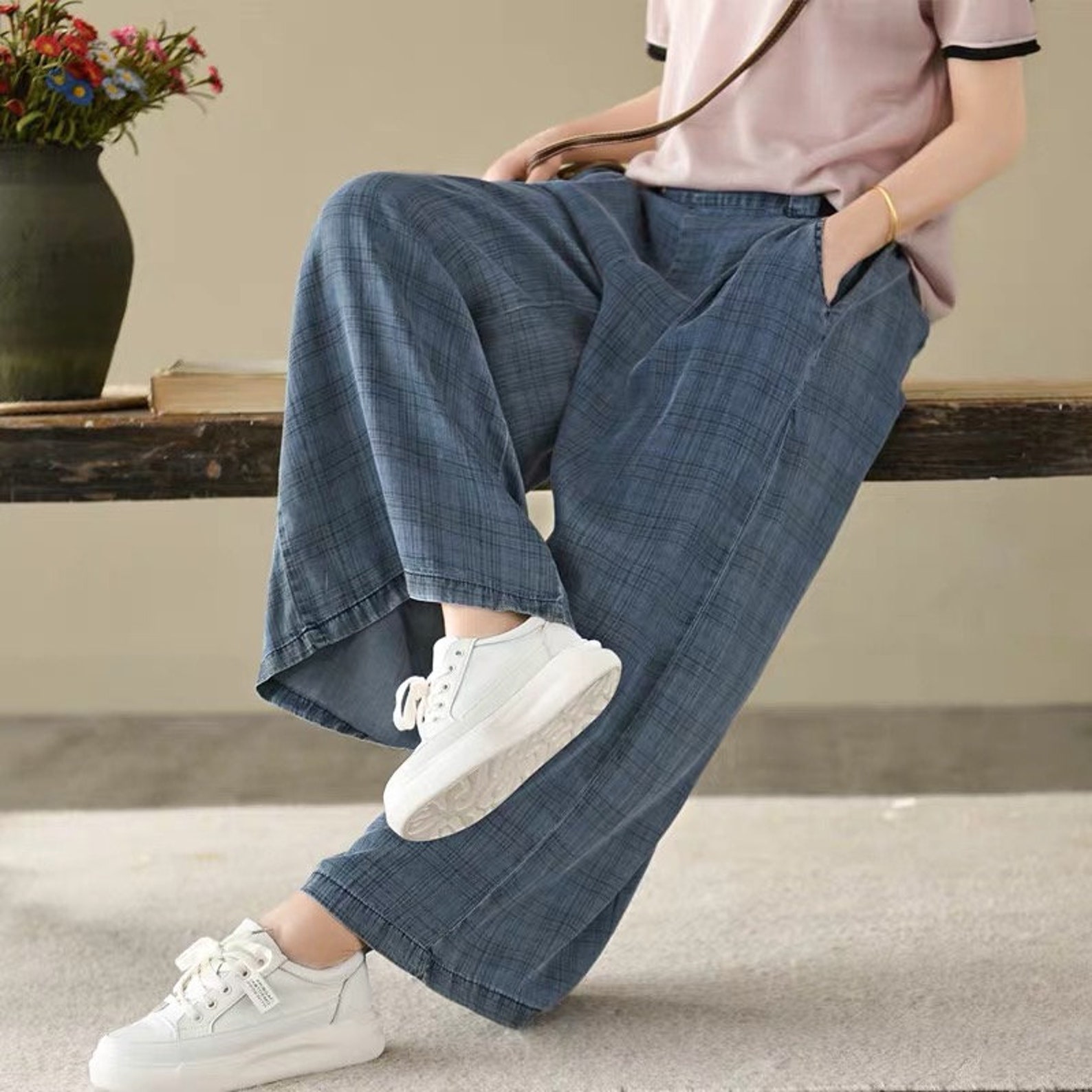 Women Leisure Pants Plaid Pants Wide Leg Pants Silk Cotton | Etsy