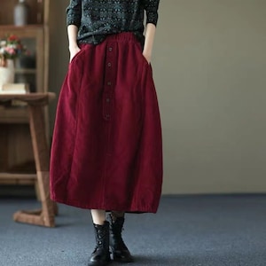 Women Burgundy Thick Corduroy Skirt Vintage Corduroy Pencil Skirt  Warm Skirt Cute Winter Tailored Skirt Handmade Elastic Waist Skirts