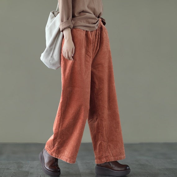 Corduroy Winter White Pants 80s, Pleated Trousers, Women Baggy Dress Pants  