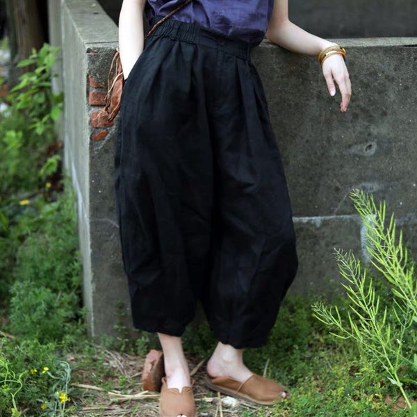 Women Lantern Linen Trousers Retro Ramie Pants Meditation Loose Trouser Wide Leg Linen Long Pants Summer Clothing