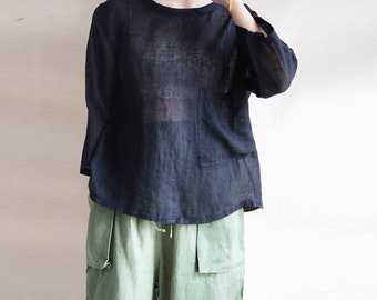 Women Lightweight Linen T shirt Blouse, Breathable Blouse, See Through Linen Tops 3/4 Sleeves Tops, Big Pocket Linen Tops-Made To Measure