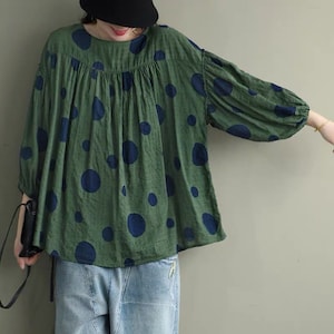 Women Linen Blouse Linen Shirt Polka Dot Tops Plus Size Casual Ruffle T-shirt Short Sleeve Loose Tops Plus Size Top For Women Oversized Tops