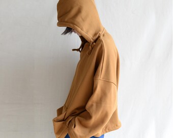 Handmade Oversized V-neck Cotton Hoodie: Retro Brown Sweatshirt