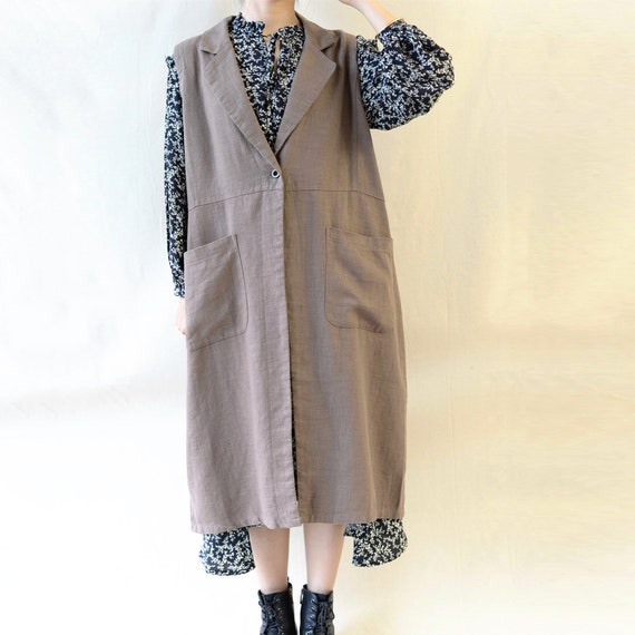 Women Linen Duster Coat Sleeveless Brown Jacket Washed Linen | Etsy