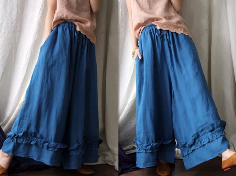 Women Linen Wide Leg Pants Loose Blue Maxi Pants Plus Size Long Pants Black Ladies Trousers Summer Boho High Waist Pants