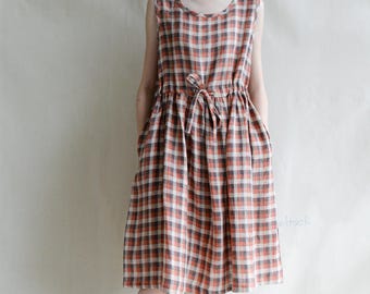 Women Sleeveless Linen Plaid Midi Dress, Loose Fit Summer Sundress, Handmade Japanese Style Dresses