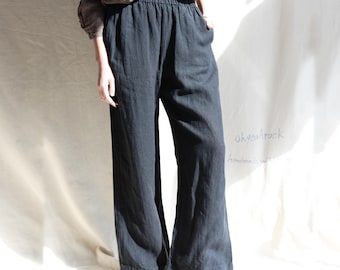 Black Linen Pants for Women, Straight Leg Linen Trousers, Loose Fit Everyday Wear