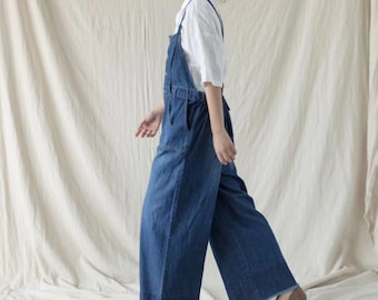 Women Blue Casual Denim Overalls Elegant Cotton Jumpsuits Wide Leg Bib Loose Overalls With Pockets