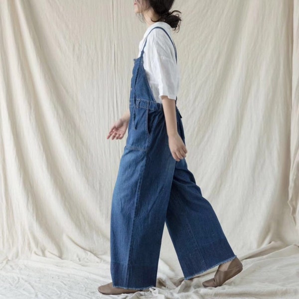 Women Blue Casual Denim Overalls Elegant Cotton Jumpsuits Wide Leg Bib Loose Overalls With Pockets