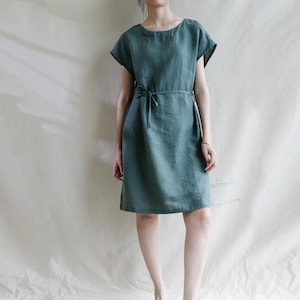 Womens 100% Linen Crew Neck Dress, Casual Mini Dress with Drawstring Waist, Loose Fit Everyday T-Shirt Dress, Minimalist Beach Sundress