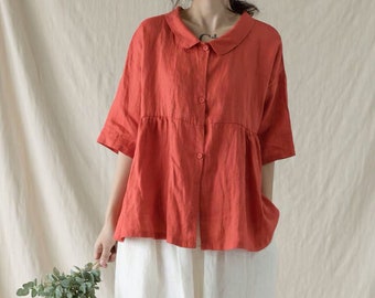 Women Linen Tops Summer Shirt Asymmetrical Tops Green Linen Short Sleeve Shirt Casual Tops Loose Fitting Blouse Plus Size Tops With Button