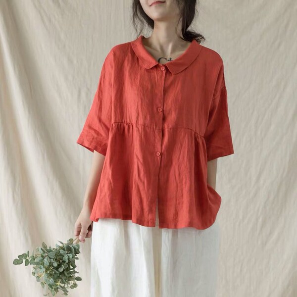 Women Linen Tops Summer Shirt Asymmetrical Tops Green Linen Short Sleeve Shirt Casual Tops Loose Fitting Blouse Plus Size Tops With Button