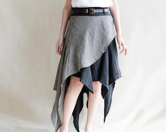 Women Asymmetrical Patchwork Linen Midi Skirt, Boho High-Low Layered Style