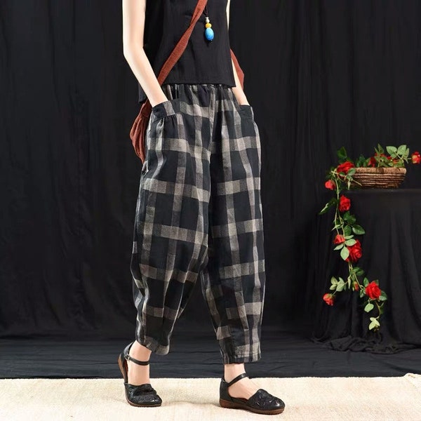 Women Plaid Pants Linen Trousers Lounge Linen Pants Elastic Waist Pants Straight Leg Pants Legging Classic Cropped Pants Gift For Her