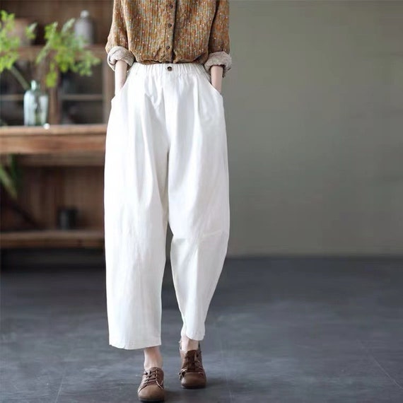 Women Soft Cotton Pants Comfortable Loose Pants Organic Cotton Pants  Elastic Waist Pants Washed Light Cotton Pants White Pants Gift for Her -   Canada