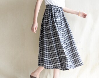 100% Linen Black Plaid Skirt, Casual Loose Fit Maxi Skirt, Gingham Patchwork Long Skirt for Women