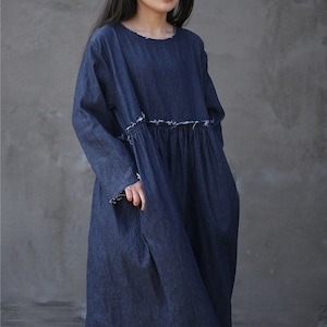 Fashion Denim Blue Cotton Dress Dark Blue Pockets Dress Long Sleeves ...