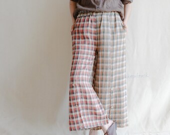 Casual Plaid Linen Cropped Pants, Patchwork Wide Leg Ankle Length Trousers