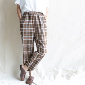 Women Retro Plaid Cropped Pants: Handmade Linen Blend Trousers