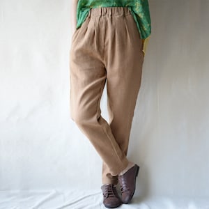 Relaxed Brown Linen Trousers for Women Elastic Waist Linen Pants Casual Cotton Linen Pant Pencil Pants Washed Casual Linen Pant Gift For Her