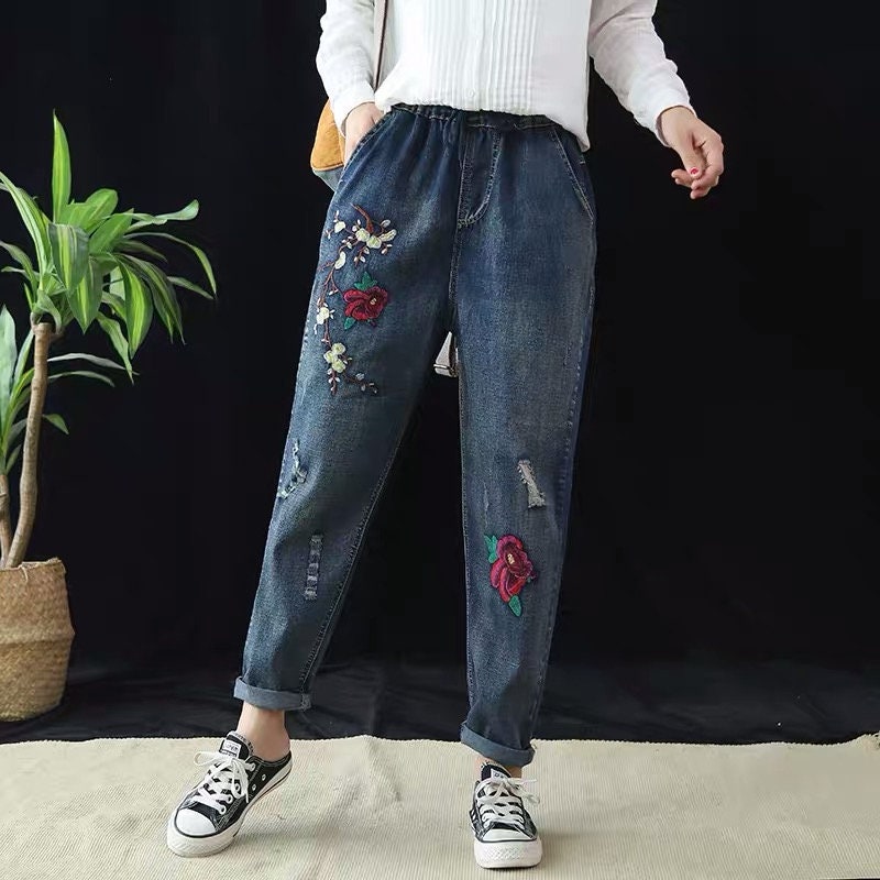 ohyeahrock Vintage Embroidered Floral Jeans, Blue Embroidered Denim Pants, Handmade Boho Jeans, Summer Cropped Pants, Soft Cotton Jeans, Gift for Her