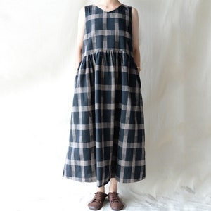 Frauen kariertes bequemes ShirtKleid , edles schwarz kariertes Kleid, lockeres Leinenkleid, Retro Maxi Kleid, rotes kariertes übergroßes Kleid, Geschenk für Sie