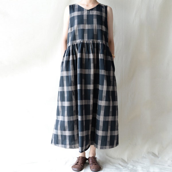 Women Plaid Comfy ShirtDress, Noble Black Plaid Dress, Loose Linen Dress, Retro Maxi Dress, Red Plaid Oversized Dress, Gift For Her