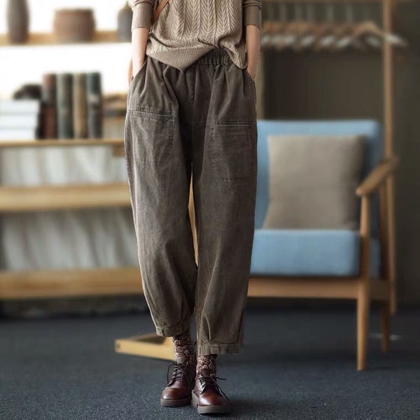 Women Retro Corduroy Pants Loose Pants Handmade Unique Trousers Vintage Corduroy Pants Wide Leg Oversized Trousers Boho Maxi Pants