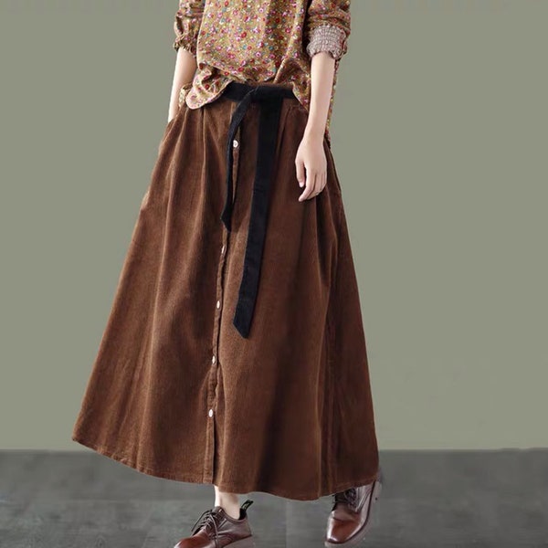 Women Corduroy Skirt Button Skirts Casual Corduroy Skirt Wrap Midi Skirt Maxi Corduroy Skirt Vintage Tailored Skirt Elastic Waist Skirt