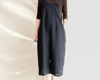 Vintage Linen Overalls For Women, Lightweight Petite Jumpsuit Overalls Pants, Black Romper, Wide Leg Overalls, Color Can Be Customized