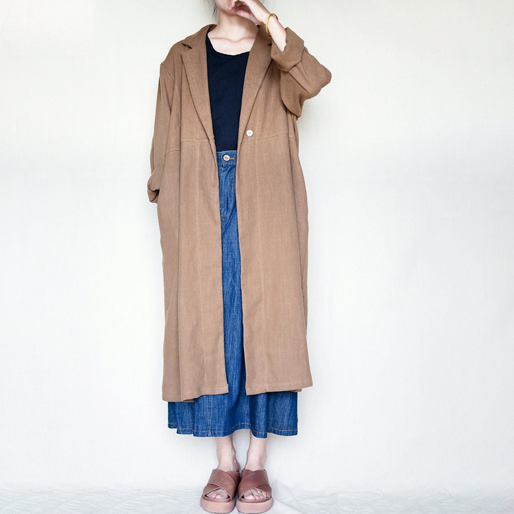 Women Linen Trench Coat Oversized Linen Duster Side Pockets Washed 
