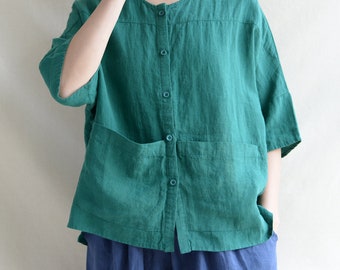 Handmade Linen Blouse with Pockets: Oversized Short Sleeve Top
