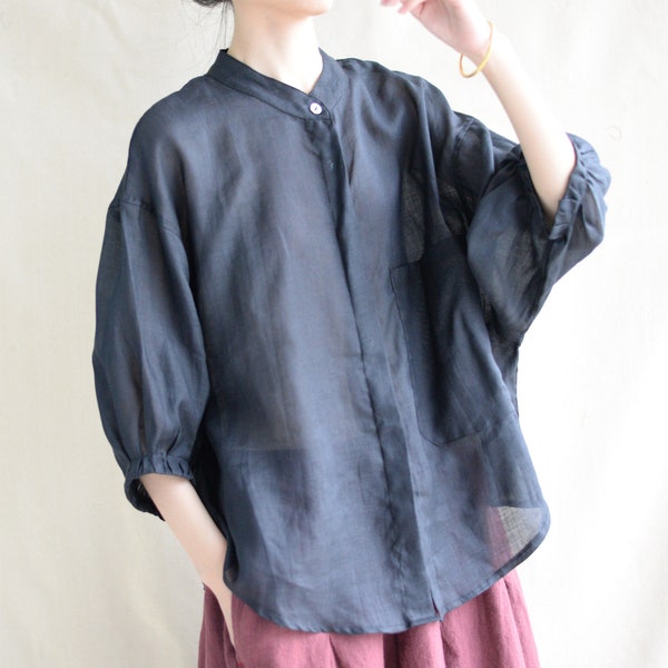 Women Organic Linen Tops Comfy Blouse, Puff Sleeves Breathable Tops, Oversized Organic Linen Tops-Made To Measure