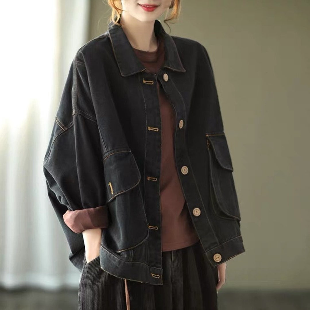 Women Black Jeans Jackets Trench Coat Vintage Coat Denim Coat Plus Size ...