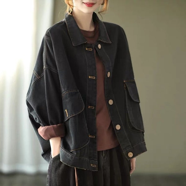 Women Black Jeans Jackets Trench Coat Vintage Coat Denim Coat Plus Size Windbreaker Loose Cowboy Jackets Long Sleeve Jacket With Pockets