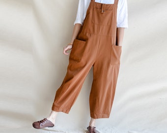 Vintage Baumwoll Overalls für Frauen, lässiger Petite-Overall mit Tasche, grüner Strampler, handgefertigte Hosen, Overalls mit weitem Bein
