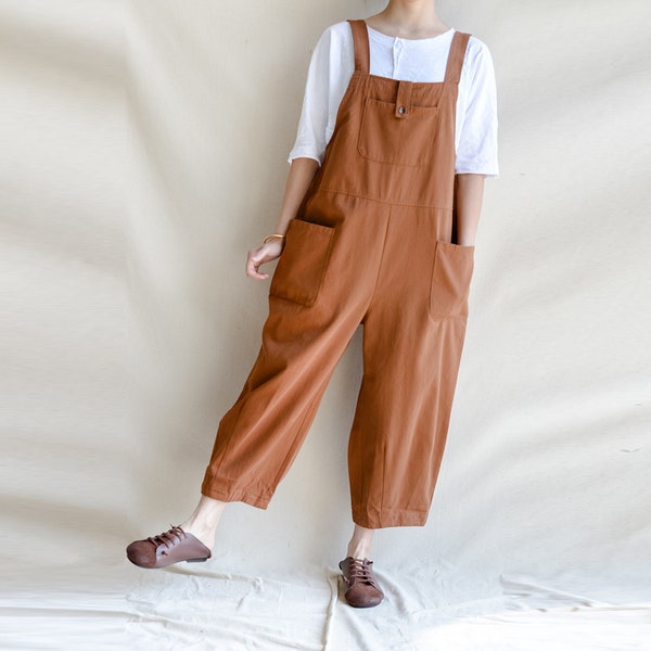 salopette en coton vintage pour femmes, petite combinaison décontractée avec poche, romper vert, pantalon fait main, salopette à jambes larges, faite sur mesure