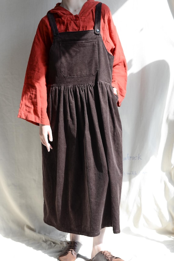 Brown Corduroy Overall Dress Corduroy Pinafore Dress Uk Retro Winter Roomy  Fitting Corduroy Overall Dress: Coffee