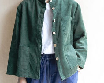 Women Corduroy Coat Jacket Green Big Pocket Jackets Streetwear Coat Wood Button Trench Coat Casual Jacket Handmade Cotton Coat Gifts For Her