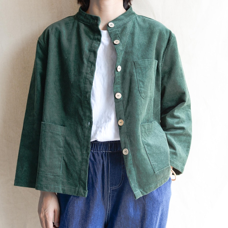 Women Corduroy Coat Jacket Green Big Pocket Jackets Streetwear Coat Wood Button Trench Coat Casual Jacket Handmade Cotton Coat Gifts For Her Green