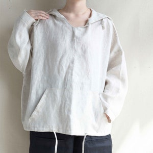 Oversized Linen Hoodie Top: Long Sleeve Tunic Blouse