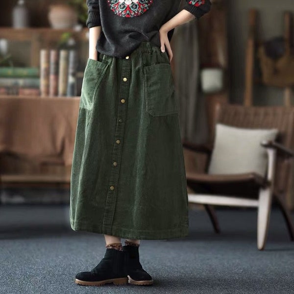 Frauen übergroße Corduroy Röcke grün Vintage Corduroy Röcke Button Down warm Rock schöne maßgeschneiderte Rock handgemachte elastische Taille Röcke