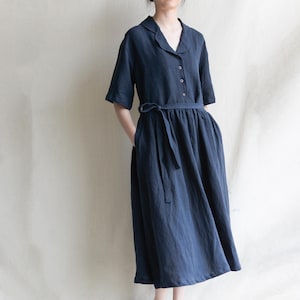 Retro Short Sleeve Linen Dress for Women, Breathable Summer Dress with Pockets, Linen Shirt Dress with Belt, Casual Button Down Tunic Dress