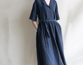 Linen Shirt Dress: Retro Short Sleeve Summer Tunic with Belt