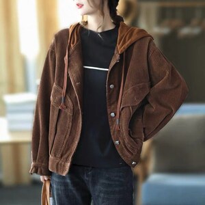 Autumn Loose Stitching Corduroy Short Coat Warm Jackets Hooded Streetwear Jacket Large Size Trench Coat Loose Outwear Comfortable Clothes