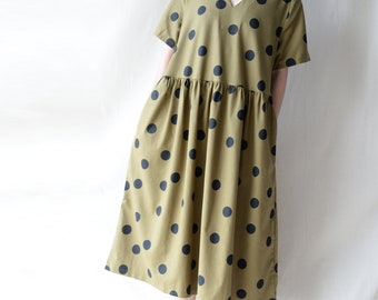 Retro Polka Dot Cotton Linen Dress: Handmade Mustard Green Sundress