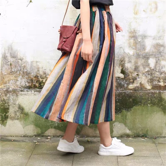 Women Boho Linen Skirts Elastic Waist Striped Skirt Summer - Etsy