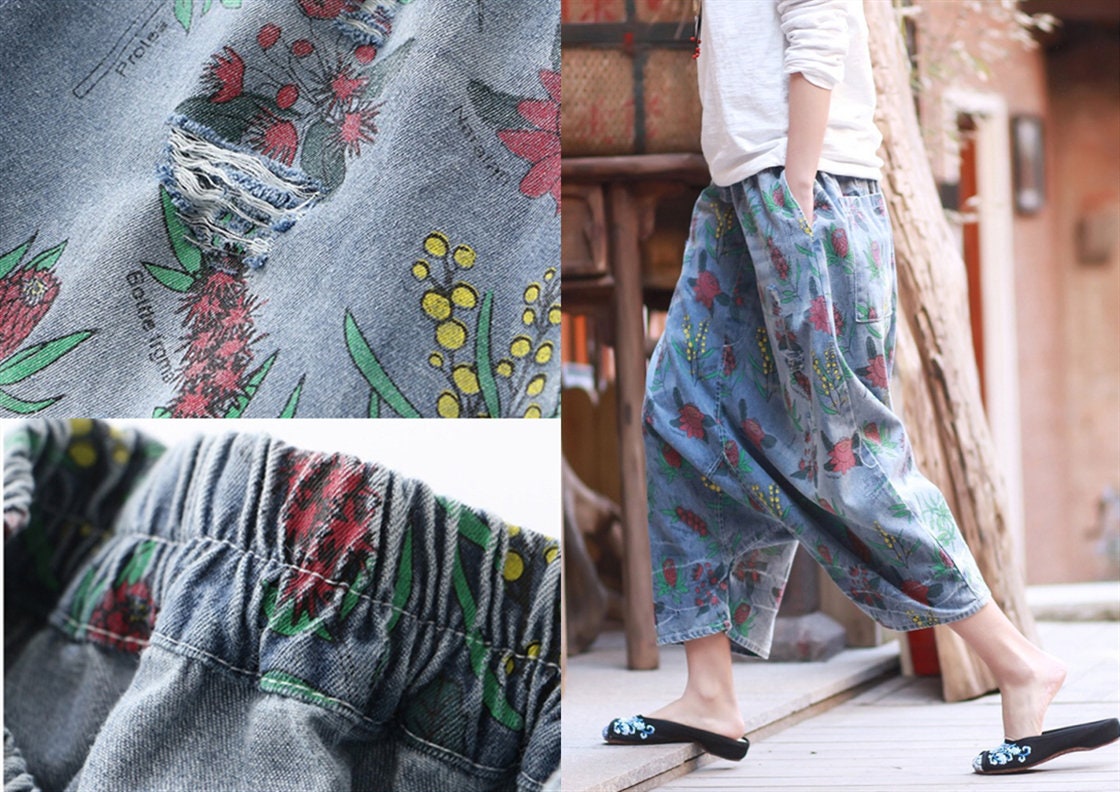 Women Printed Floral Beach Pants Summer Plus Size Cropped Etsy
